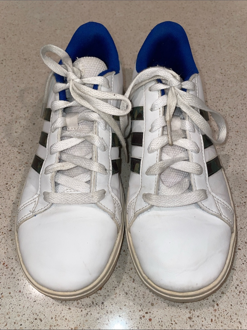 adidas White Sneakers with Blue Lining and Camo Stripes